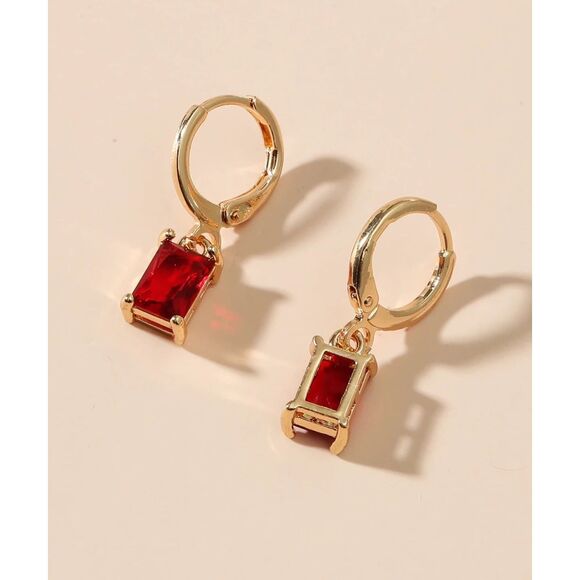 Emerald Cut Red Rhinestone Gold Drop Earrings Dangle Pendant Hoop Elegant Stylsh - Picture 2 of 4